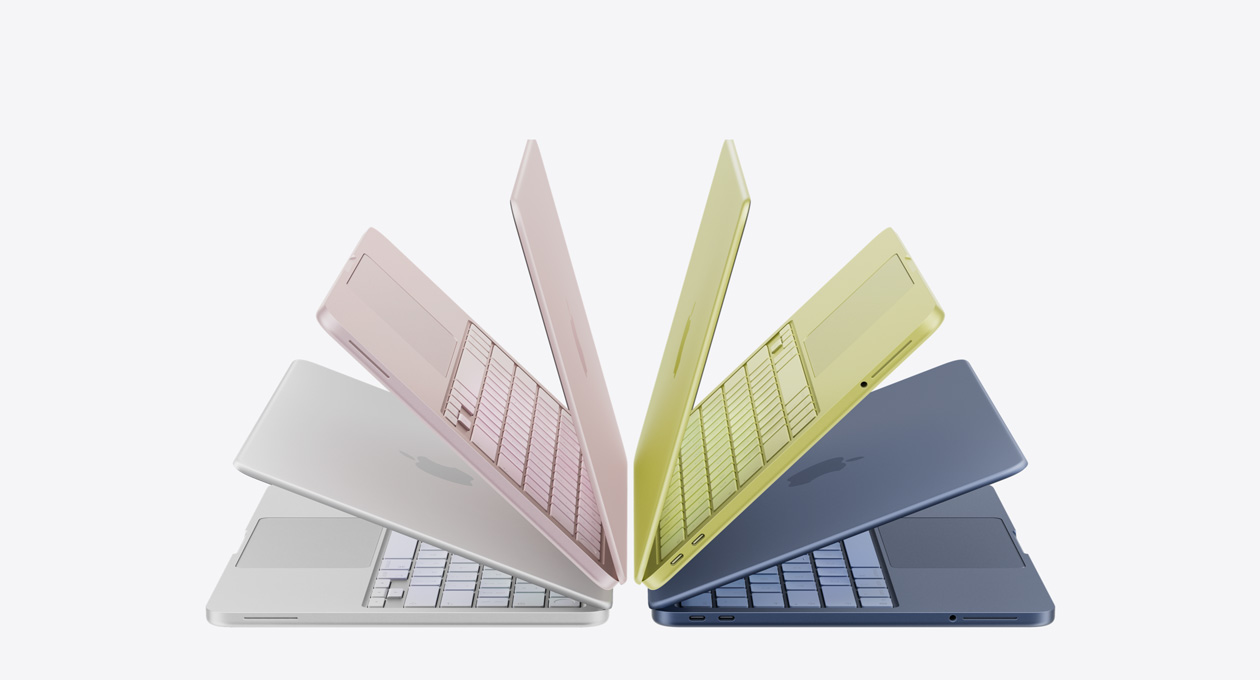 Apple MacBook Neo in Blush finish, thin and light laptop on a bright background