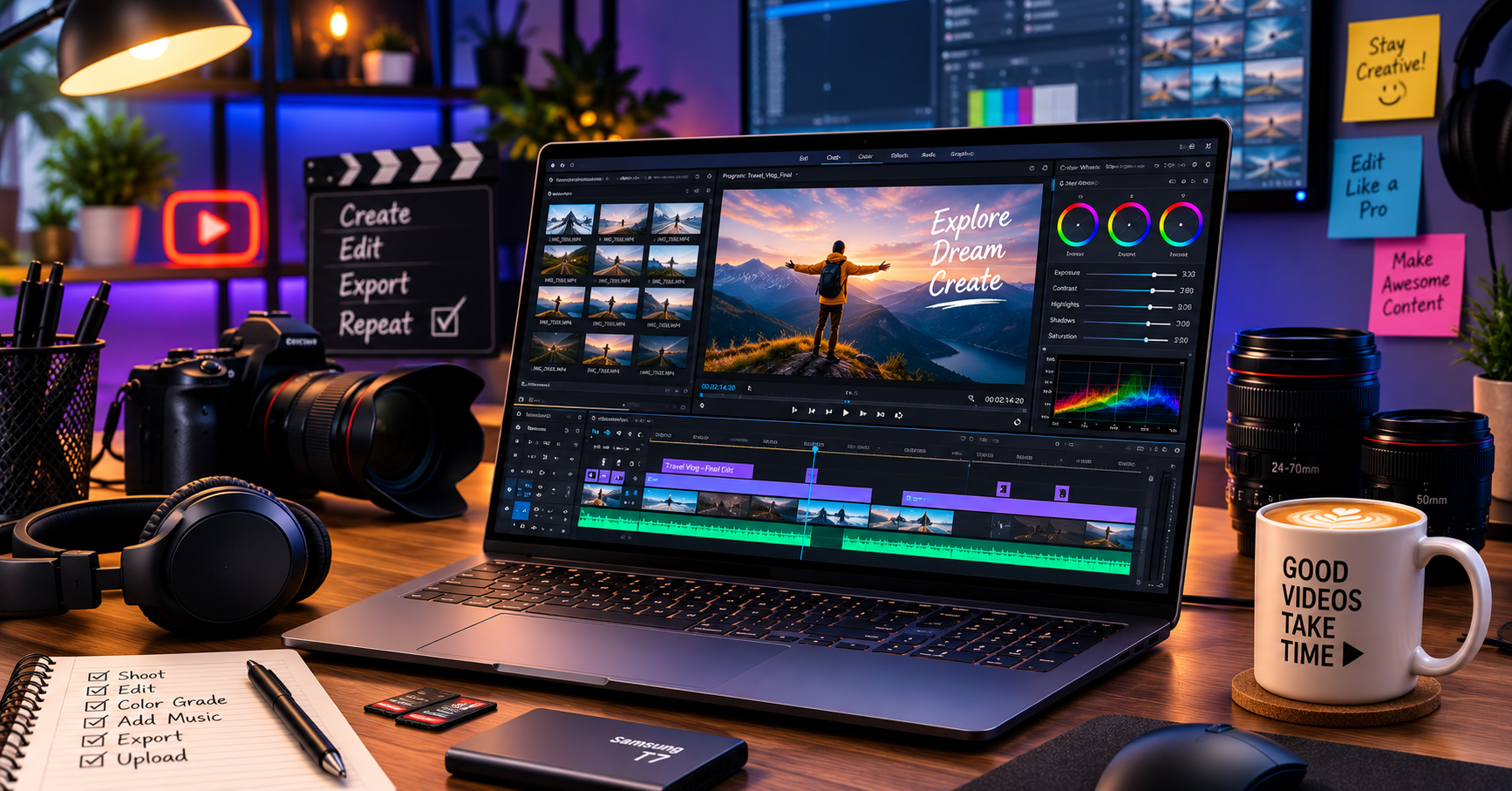 Video editing timeline on laptop