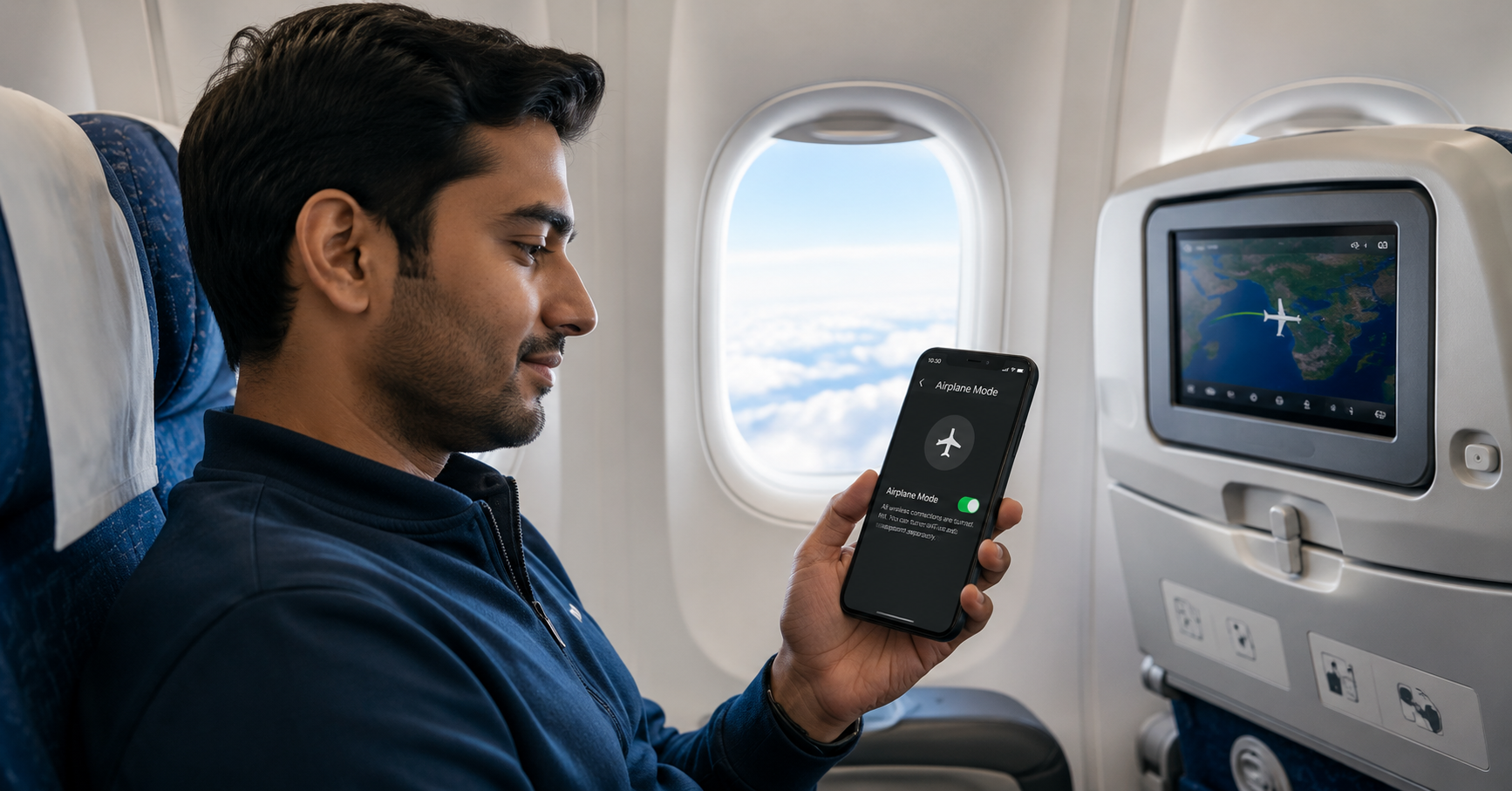 Passenger using phone in Airplane Mode inside aircraft cabin