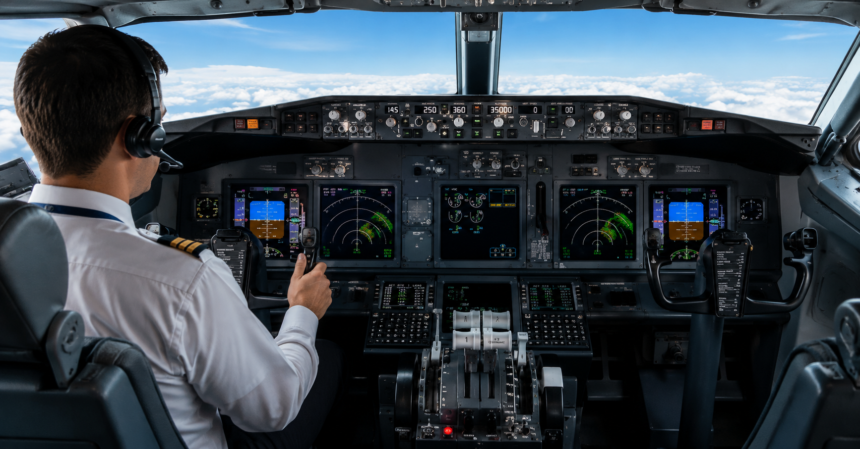 Modern aircraft cockpit with navigation instruments and communication systems