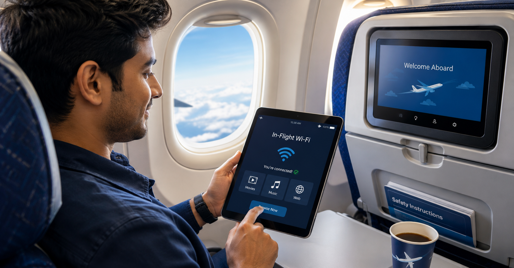Passenger using in-flight Wi-Fi on a tablet during flight