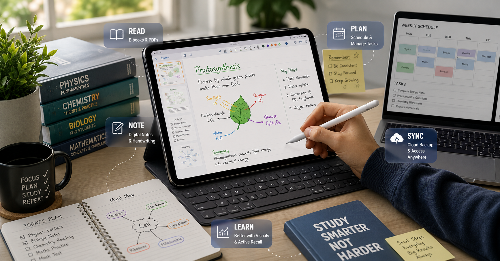 Student studying with tablet and notes